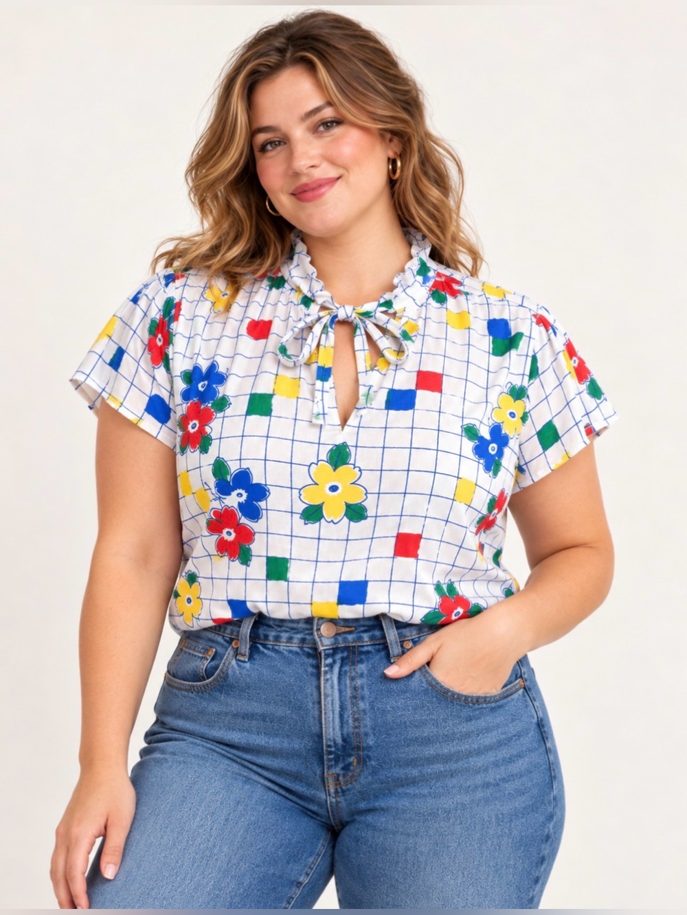Vintage 70’s/80’s- Colorful Geometric Floral print- ruffle neck, tie-Blouse nwt